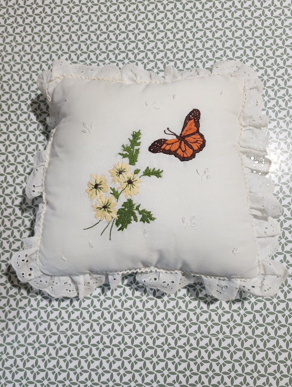 Vintage Crewel Embroidered Decorative Pillow with Butterfly and Yellow Flowers